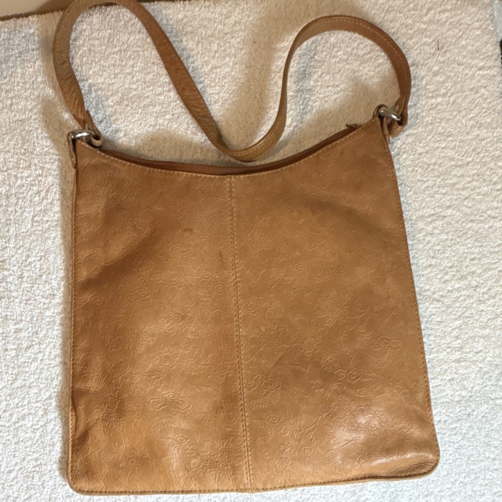 Brown Embossed Floral Leather Shoulder Bag Zip Closure Inner Pocket Women's